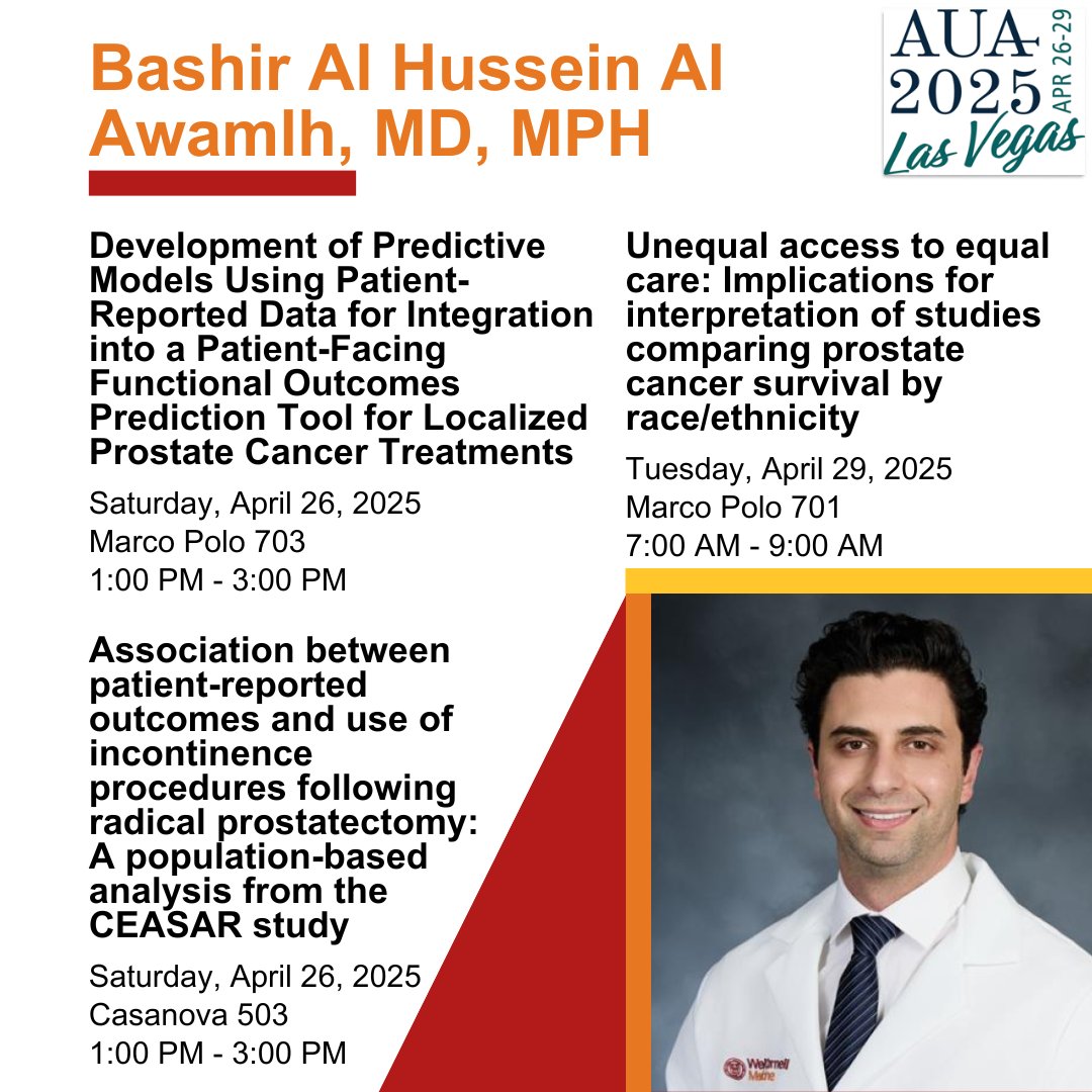 Weill Cornell Medicine Urology (@wcmurology) on Twitter photo #AUA25 begins next week, and we are looking forward to Dr. Bashir Al Hussein Al Awamlh's (<a href="/BashirAlHussein/">Bashir Al Hussein</a>) various abstracts throughout the meeting!
To learn more about each of these sessions, visit: app.swapcard.com/event/2025-ann… #AUA25 begins next week, and we are looking forward to Dr. Bashir Al Hussein Al Awamlh's (<a href="/BashirAlHussein/">Bashir Al Hussein</a>) various abstracts throughout the meeting!
To learn more about each of these sessions, visit: app.swapcard.com/event/2025-ann…