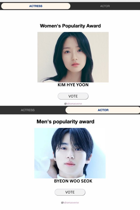kdramasverse's tweet photo. BAEKSANG AWARDS POPULARITY VOTE INFO - Global vs App 

Seems like there'll be 2 voting platforms depending on location

1. SOUTH KOREA
App: https://t.co/K3n3Z61ubR

2. INTERNATIONAL 
Website: https://t.co/heASSwQ2YT

Referencing previous years, the voting should look like the 1st pic for Global voters on the website. Please keep a look out for info!

Period: 
23rd April, 12.30PM KST (Wed) - 2nd May, 4PM KST (Fri)

Votes:
4 votes per day 

Popularity Vote (Female): Kim Hye Yoon
Popularity Vote (Male): Byeon Woo Seok 

#LovelyRunner #변우석 #김혜윤 #KimHyeYoon #ByeonWooSeok