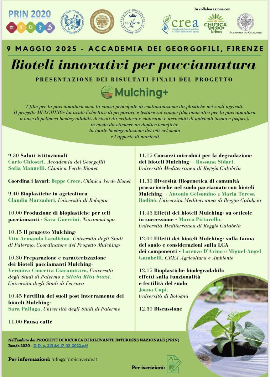 SISS - Suolo Italia (@suolosiss) on Twitter photo Save the date‼️📣📆 “Innovative mulching biofilms - presentation of the final results of the project mulching+"
9 May 2025 - Florence (hybrid format )
Further information: info@chimicaverde.it
Register here: docs.google.com/forms/d/e/1FAI…
#SISSSuolo #SISSNews #InSoilWeTrust Save the date‼️📣📆 “Innovative mulching biofilms - presentation of the final results of the project mulching+"
9 May 2025 - Florence (hybrid format )
Further information: info@chimicaverde.it
Register here: docs.google.com/forms/d/e/1FAI…
#SISSSuolo #SISSNews #InSoilWeTrust