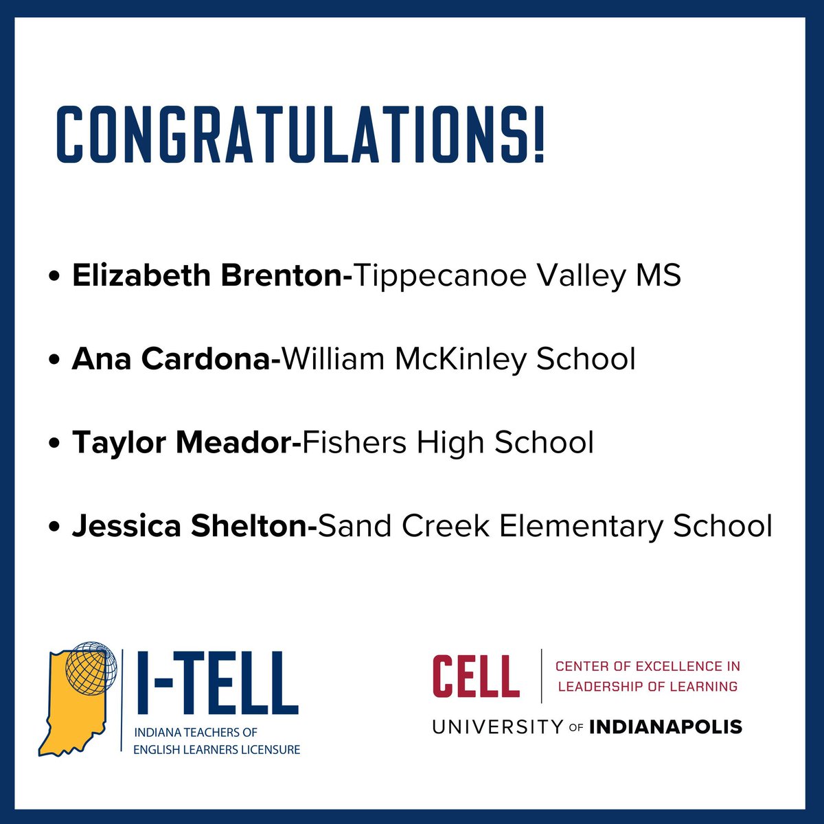 CELLuindy's tweet photo. Congratulations to these teachers who completed coursework through CELL’s I-TELL initiative to earn #ENL licensure! I-TELL offers online grad coursework at no cost to teachers or schools. Learn more at https://t.co/dZcKCXyEIg #ITELL @IPSSchools @HSESchools https://t.co/DkY8HTPBmq
