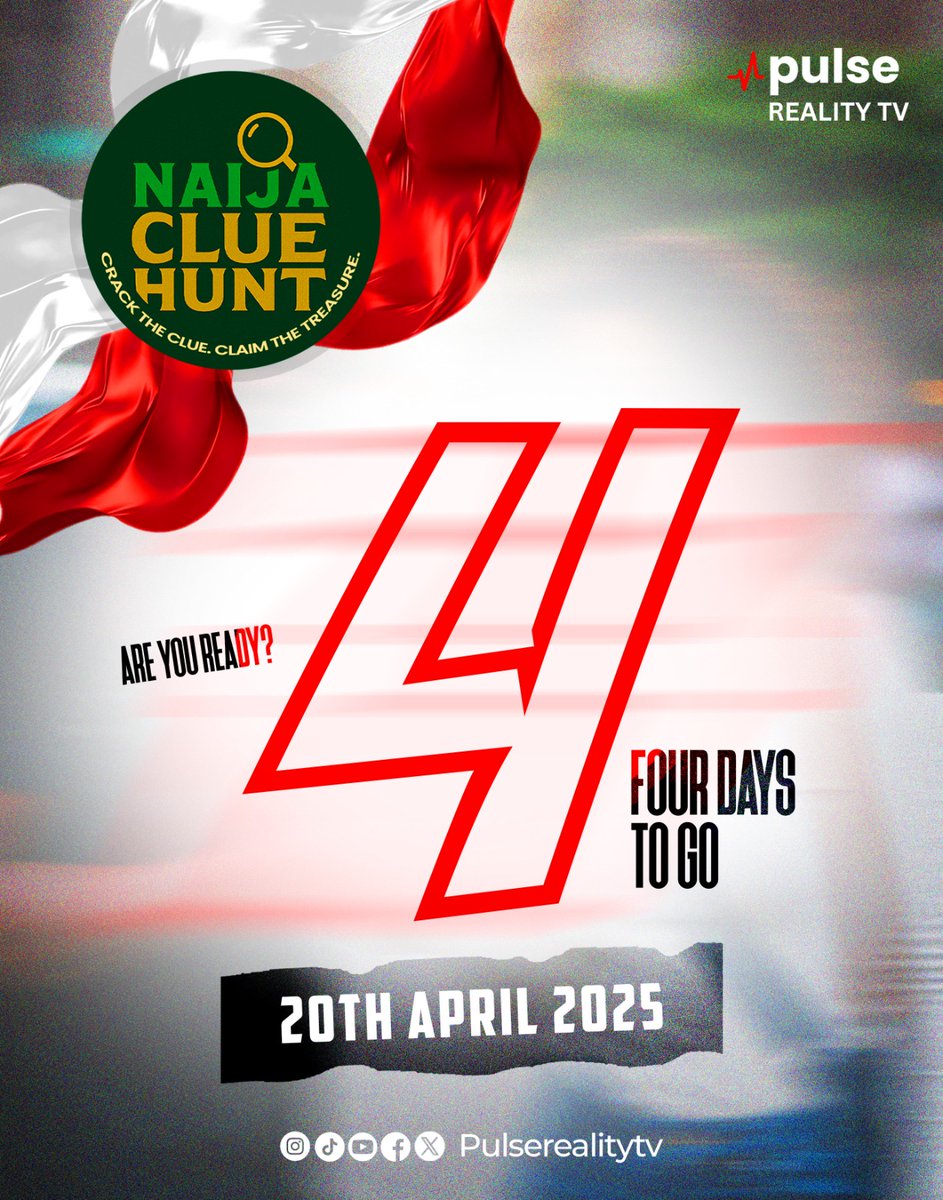pulserealitytv's tweet photo. 4 DAYS TO GO!
The countdown is getting serious!
In just 4 days, Nigeria’s smartest minds go head-to-head in the wildest reality game show ever — Naija Clue Hunt!

Are your instincts sharp? Is your brain ready? Because ₦1 Million is on the line and only the boldest will claim it. https://t.co/ReEZMgJVt3