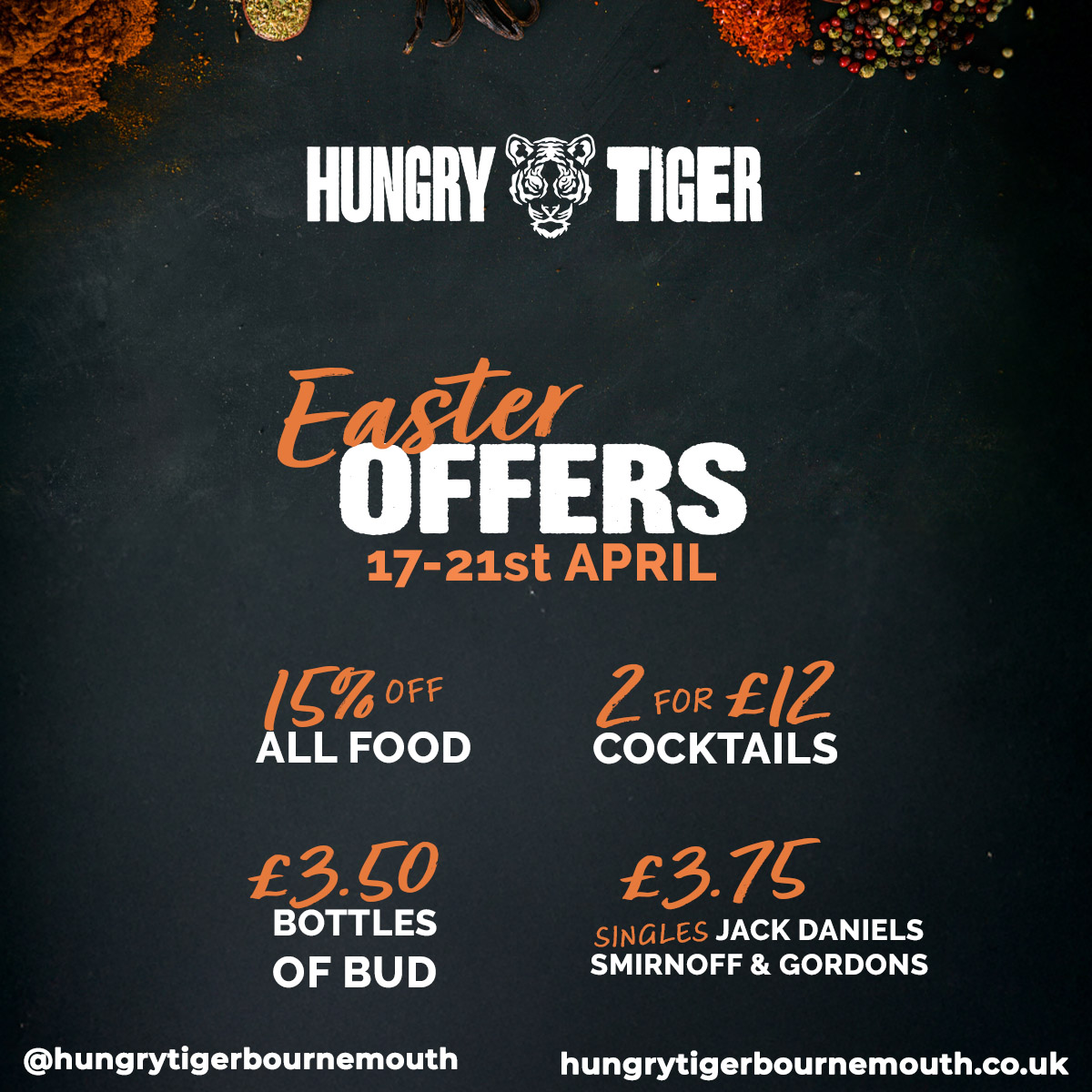 HungryTigerBmth's tweet photo. 🎉 Easter Offers You Won’t Want to Miss!
We promised you something good… and here it is!😍

🍽 15% OFF all food
🍹 2 Cocktails for £12
🍺 Bottles of Bud just £3.50
🥃 Singles for £3.75 (Jack Daniels, Smirnoff &amp; Gordon’s) https://t.co/TpqOHs4reB