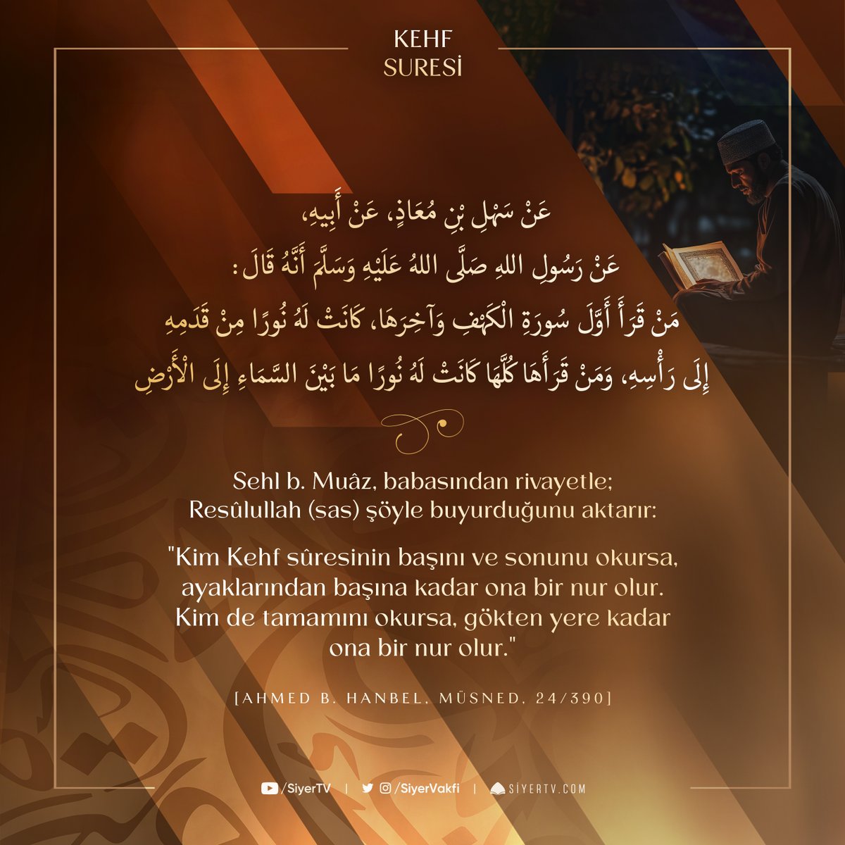 siyervakfi's tweet photo. Kehf Sûresinin okunması ve fazileti ile alakalı hadis külliyatımızda yirmiye yakın rivayetten 9 tanesini sizlerle paylaşıyoruz.

Efendimiz ﷺ bize Kehf Sûresini tavsiye ederek adeta der ki: Eğer siz bu sûre ile aranızdaki bağı sağlam ve sahih bir şekilde kurarsanız;

1- Deccâlin ve tüm ahir zamanın fitnelerinden korunursunuz.
2- Karanlıklarınızı, belirsizliklerinizi ve kargaşalarınızı aydınlatırsınız.
3- İç fırtınalarınızı dindirir, sükûnete erer, yüreğinizde cenneti taşırsınız.

Allah (cc) hepimize bunu nasip eylesin.