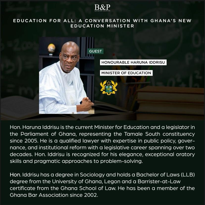 BnP_Associates's tweet photo. Exciting News! 
We had the privilege of hosting the Honourable Haruna Iddrisu , the Minister for Education of Ghana, on the BPA Community First Podcast.

Read about the Minister’s impressive background below. https://t.co/B8H7tPDYCM