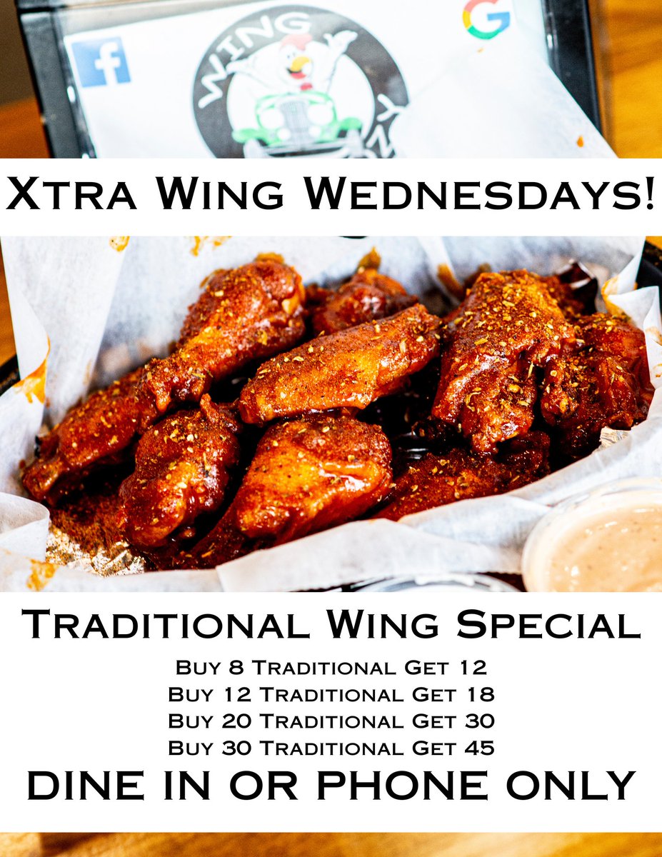 WingDoozy's tweet photo. WING WEDNESDAY ALERT at Wing Doozy!  Get XTRA Traditional Wings FREE with every dine-in or phone order!  Stuff your face, laugh till it hurts, and wing it like a champ! Call or swing by for the sauciest deal in town! #WingDoozy #XtraWingWednesday https://t.co/8sLNiIvQ6x