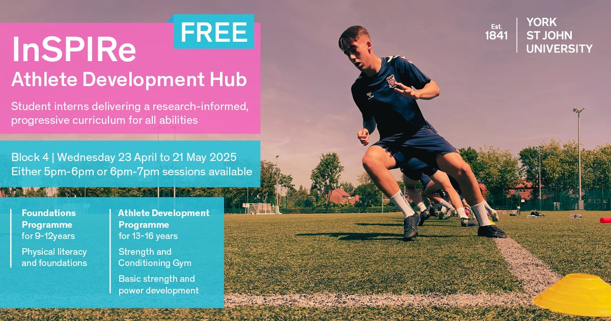 Our brilliant Sports students are running free athletic development sessions for children and adolescents in York, who may not have access to facilities or expertise. 

Join us on Wednesdays at our Sports Campus, on Haxby Road, from April, 23.  Sign up.👇
store.yorksj.ac.uk/product-catalo…