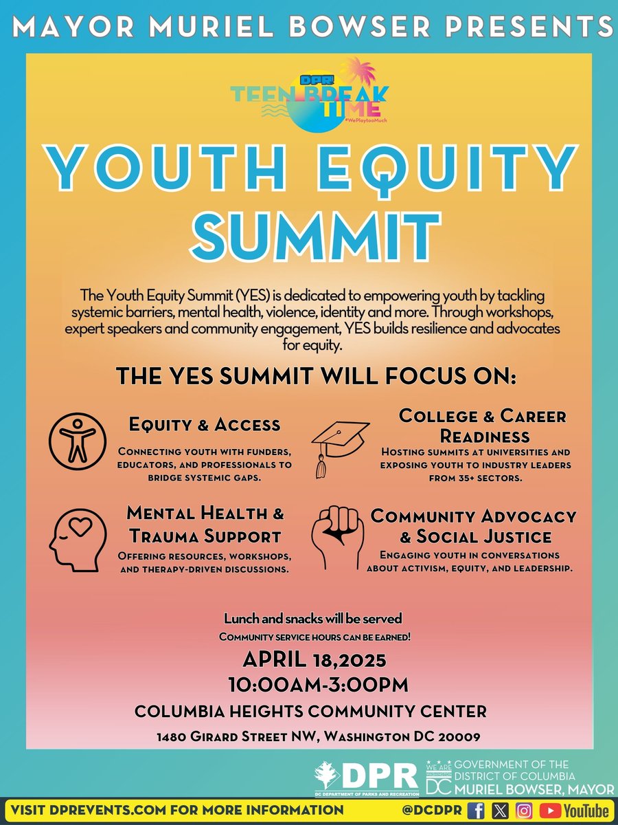 DCDPR's tweet photo. 📢 ATTN DC TEENS! Need community service hours? Earn them while making an impact at the DPR Youth Equity Summit this Friday! 
Workshops, food &amp; more. 
📅 Fri. 4/18, 10AM-3PM 📍 Columbia Heights 
RSVP: https://t.co/6tZcy2lmhk 
 #DCYouth #TeenBreakTime #DPRspringbreak #DPRTeens https://t.co/2EnNa4SgCg