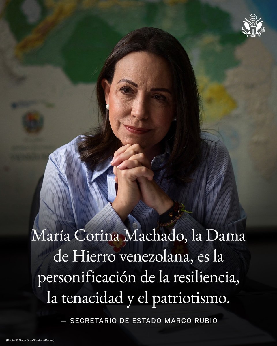 Secretario Rubio: <a href="/MariaCorinaYA/">María Corina Machado</a>, la Dama de Hierro venezolana, es la personificación de la resiliencia, la tenacidad y el patriotismo. Es un honor escribir este breve homenaje, mientras que <a href="/TIME/">TIME</a> la reconoce como #Time100.