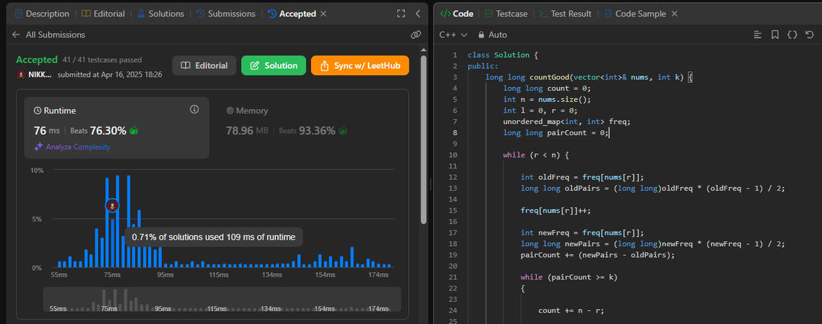 Nesh61839047's tweet photo. Failed this sliding window problem in my Amazon interview last year, it's today's LeetCode daily Problem. 

⭐Calculating pairs with (m*(m-1))/2 + tracking incrementally 🧮.

QUESTION -> https://t.co/mKQyYQeJgY
MY SOLUTION -> https://t.co/08ItgDP0LX

#LeetCode #CodingChallenge https://t.co/fXQV4e3MB6