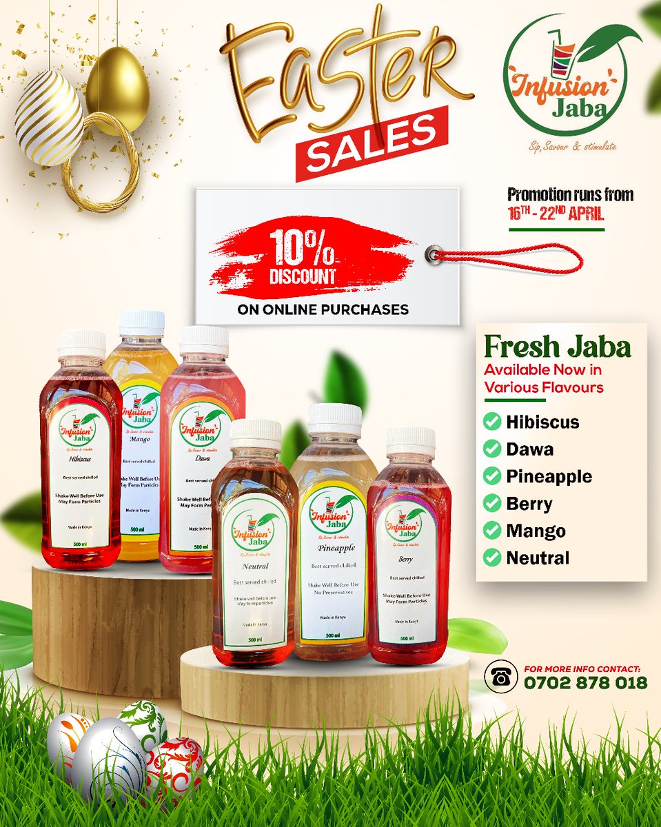 InfusionJaba's tweet photo. 🐣 *Easter Just Got Tastier!* 🌸
Hop into health with our refreshing range of juices – now at *10% OFF!*
From tropical Pineapple🍍, mango , to Hibiscus 🌺, berry 🍒,  there's a bottle of sunshine waiting for you.
🛒 Order Now &amp; Sip into Wellness!
📞 +254 702 878018
#EasterOffer https://t.co/SLUz61swlC