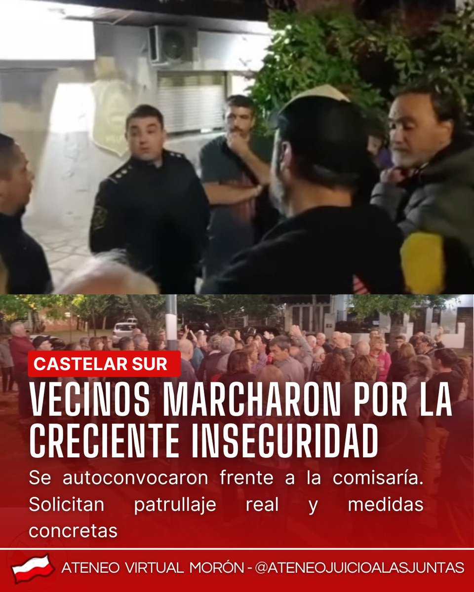 AteneoJMoron's tweet photo. Anoche, vecinos de Castelar Sur marcharon a la comisaría para exigir respuestas ante la ola de inseguridad.

Robos, entraderas, arrebatos. El miedo ya es parte de la rutina.

Más info: https://t.co/UoUd3dMWYh

#CastelarSur #Morón #Inseguridad https://t.co/TkAxutE3Dn