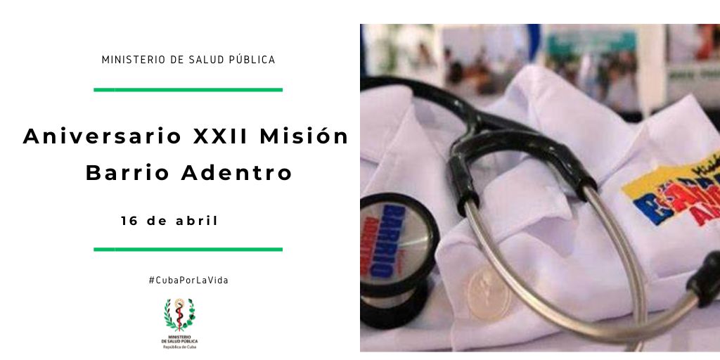 MINSAPCuba's tweet photo. 🇨🇺🇻🇪En 22 años de Barrio Adentro Cuba sigue salvando en Venezuela y lo hace con amor.
❤Nuestro homenaje a Fidel y Chávez por sembrar salud y esperanza💚. 
👏El reconocimiento a los #HéroesDeLaSalud 🇨🇺 que continúan comprometidos con la salud de ese hermano pueblo.
#CubaPorLaVida https://t.co/UnA4PM8zDT