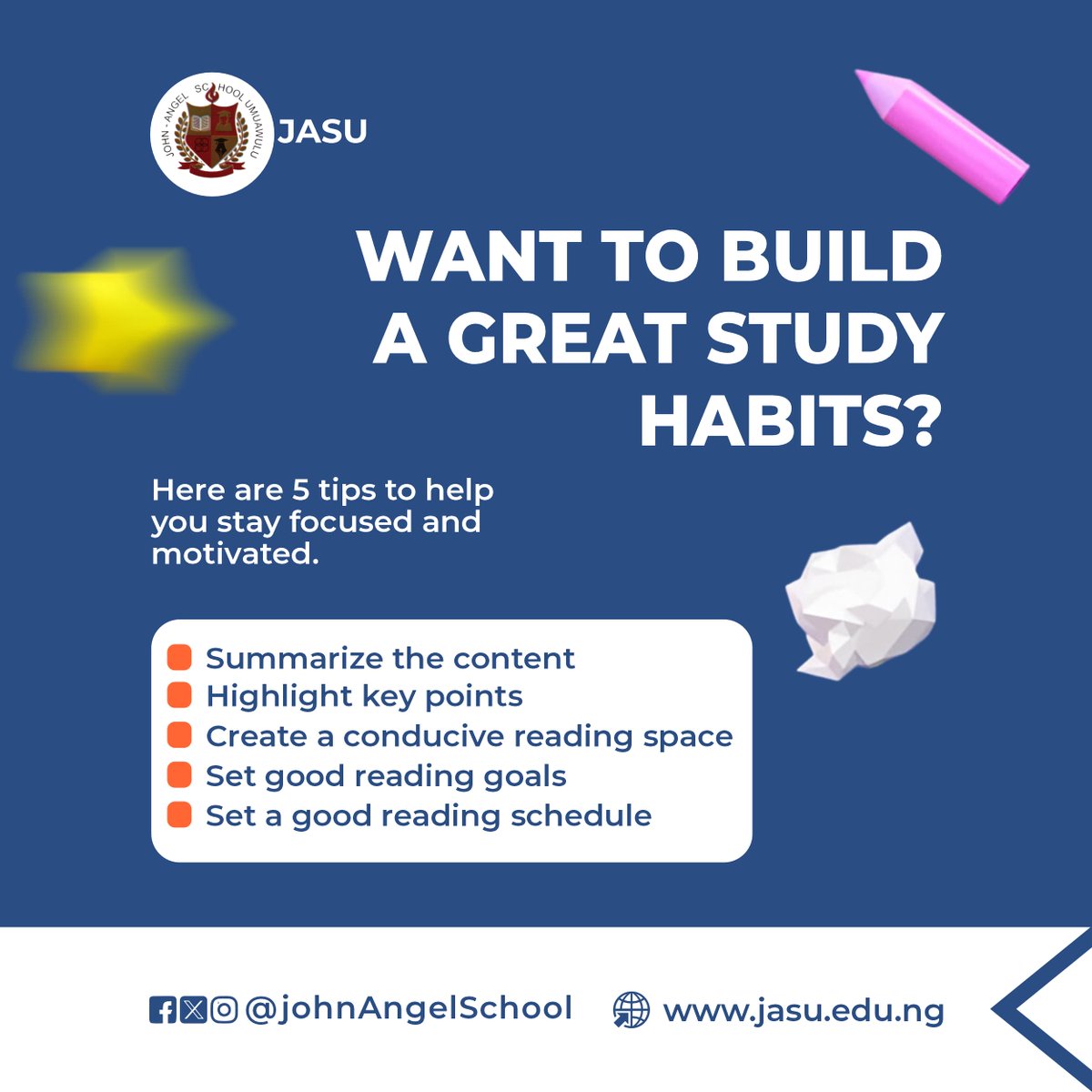 johnangelschool's tweet photo. 📚 Want to Build Great Study Habits?
Success doesn’t happen by chance — it starts with the right habits.
Stay focused. Stay motivated. You've got this! 💪
#JASU #StudySmart #StudentSuccess #ReadingGoals #StudyTips https://t.co/ebH4UEwf0A