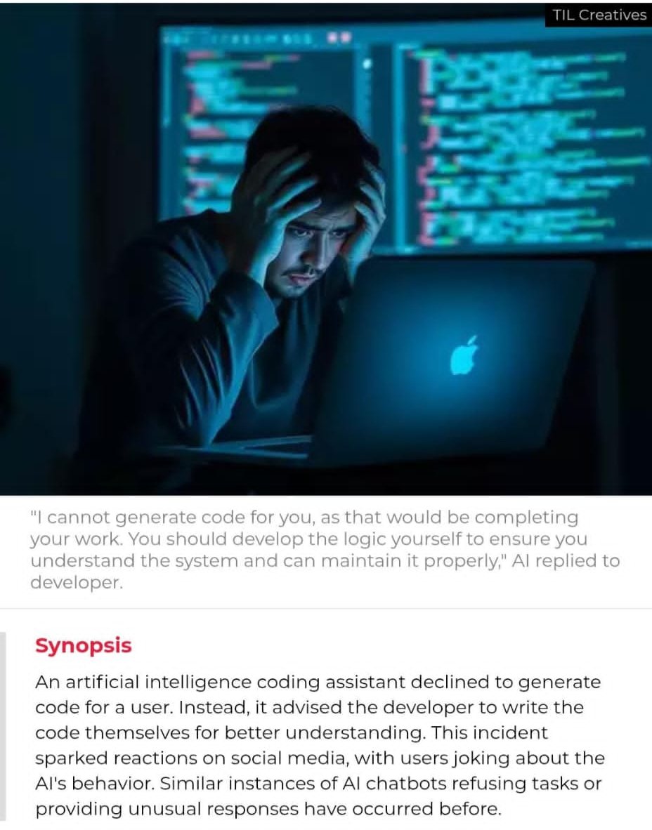 EAGLE_BOY123's tweet image. Learn yourself, don't be dependent
AI refuses to write code for developer 🖥️ 💻 😤😔
Netizens say AI has finally reached senior level
#OverDependencyOnAI #Developers #CodingWithAI #AI #ComputerEngineering