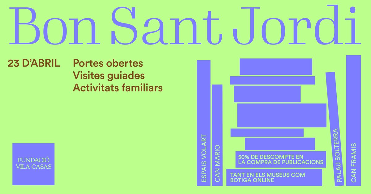 Per Sant Jordi vine als museus de la Fundació Vila Casas! 😍

El dia 23 d’abril farem portes obertes, visites guiades a preu reduït, tallers familiars i descomptes del 50% en la compra de catàlegs. 🌹📖

 + info: fundaciovilacasas.com/ca/activitats