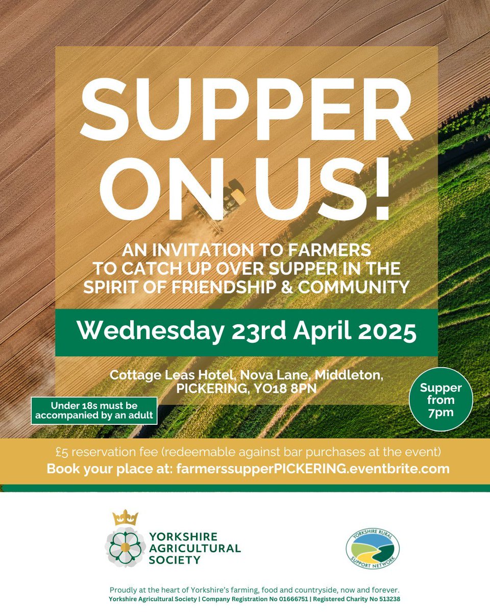 Free supper for those involved in farming

Pickering - Wed 23rd April

No formalities, just a relaxed evening, courtesy of <a href="/YorksAgSoc/">Yorkshire Ag Society</a>,  in likeminded company. No need to be a YAS member.

Book your place (before noon on 17th) here: yas.co.uk/supper-on-us-2…

Hope to see you there!