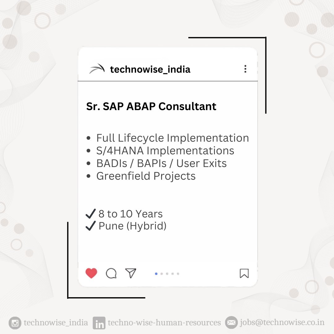 TechnoWise_ind's tweet image. Hiring SAP ABAP Consultant for a Great Place to Work Certified IT MNC
→ 7+ Years
→ Full life-cycle implementation
→ S4 Hana Greenfield projects
📍 Pune (Hybrid)
#SAPABAP #SAPImplementations #Greenfield #S4HANA #Pune #Jobs #SAP #ABAP #S4HANA
Follow: #TechnoWise_India