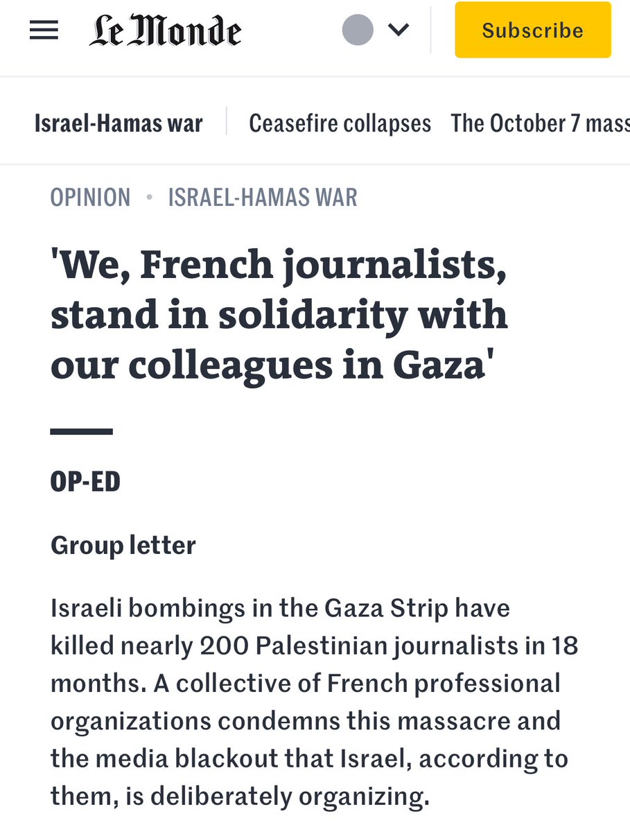 🌐French journalists stand in solidarity with the hundreds of Palestinian journalists killed in Gaza by Israel to prevent reporting on the genocide. 

I wonder what it takes for other journalists to stand against the slaughtering of their colleagues.