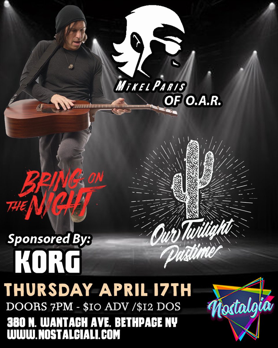 MikelParis's tweet photo. π£ NYC area - #MikelParis is headed to @nostalgiabarli in Bethpage! Come out for a night of #music #drink #stories with MP & @ourtwilightpastime. Thurs 4/17 at 7:30p. #GuitarDrumming #Korg #Fishman #Martin #livemusic #MuDriS #ofarevolution #nostalgiabarli @ofarevolution @KorgUSA https://t.co/r0rG06HLiy
