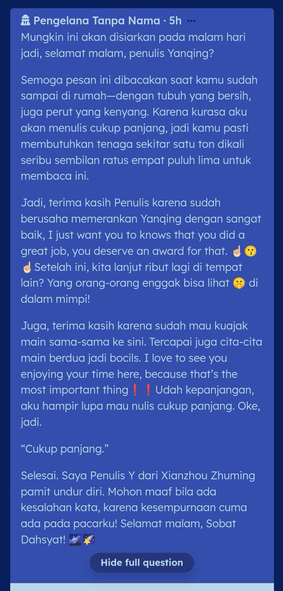 LagaAGLAEA's tweet photo. ㅤ
Another round of bocil pacaran. Dek Yanqing.. halo, Dek Yanqing. Ada yang menitip pesan sepanjang ini untuk kamu nih, dari Nona Manis berinisial Y. :3c
ㅤ https://t.co/2RjMJQigBQ
