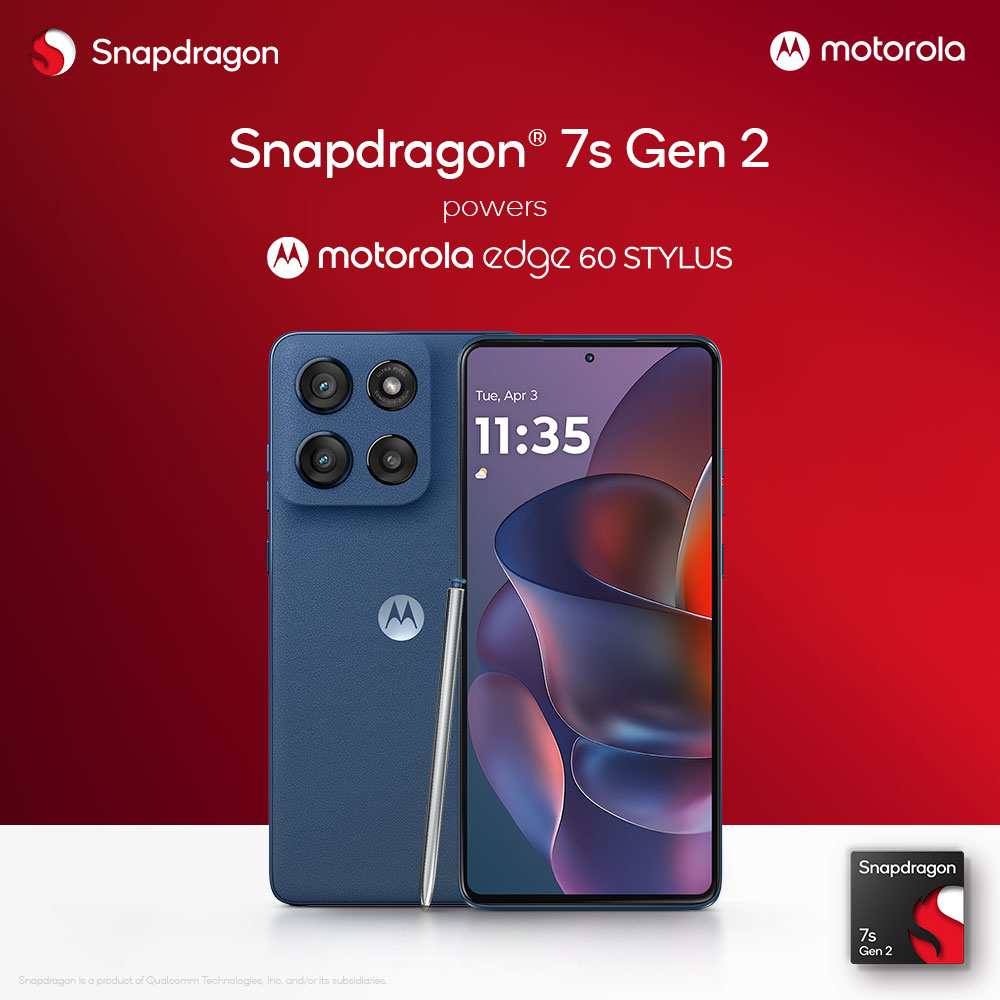 Snapdragon_IN's tweet photo. The #motorolaEdge60STYLUS, powered by the #Snapdragon 7s Gen 2, is here.
Experience visuals like never before on the 1.5K Flat pOLED display with Built-in Stylus.

Sale goes live on 23rd April on Flipkart, @motorolaindia, and leading retail stores. https://t.co/KF7z6ZJKBE