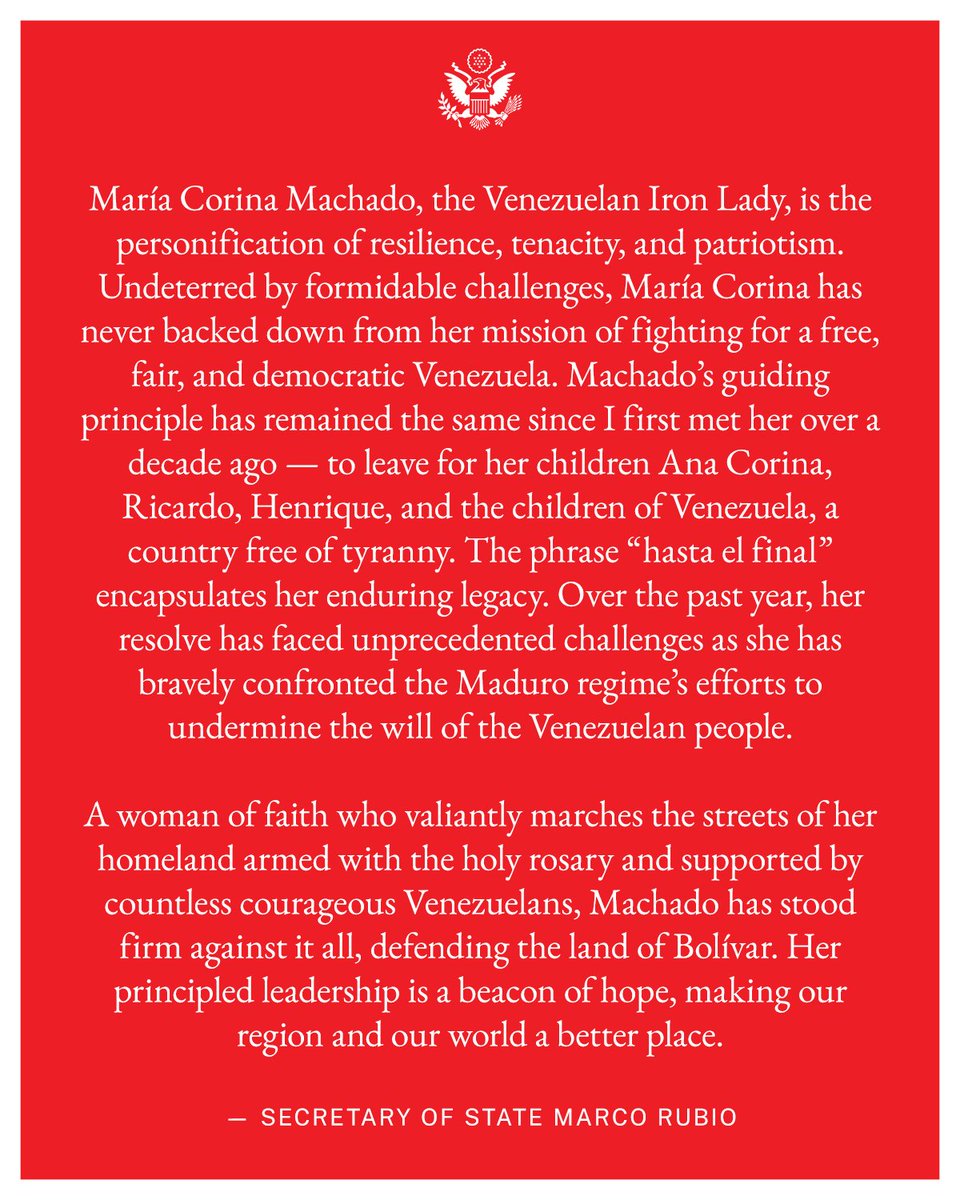 EmmaRincon's tweet photo. María Corina Machado fue reconocida por la revista TIME como una de las 100 personas más influyentes del mundo y el secretario de Estado @marcorubio escribió su perfil:

"María Corina Machado, la Dama de Hierro venezolana, es la personificación de la resiliencia, la tenacidad y el patriotismo. Impávida ante los enormes desafíos, María Corina nunca ha cedido en su misión de luchar por una Venezuela libre, justa y democrática. El principio rector de Machado se ha mantenido inalterado desde que la conocí hace más de una década: para dejar a sus hijos Ana Corina, Ricardo, Henrique y los niños de Venezuela un país libre de tiranía. La frase "hasta el final" resume su perdurable legado. Durante el último año, su determinación ha enfrentado desafíos sin precedentes al enfrentarse con valentía a los intentos del régimen de Maduro de socavar la voluntad del pueblo venezolano.

Una mujer de fe que marcha valientemente por las calles de su patria, armada con el santo rosario y apoyada por innumerables venezolanos valientes, Machado se ha mantenido firme contra todo, defendiendo la tierra de Bolívar. Su liderazgo de principios es un faro de esperanza que hace de nuestra región y de nuestro mundo un lugar mejor".