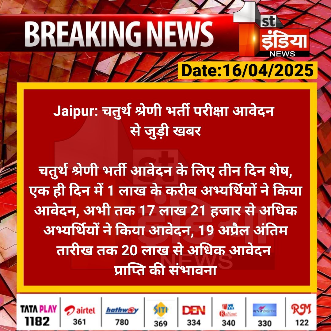1stIndiaNews's tweet photo. #Jaipur: चतुर्थ श्रेणी भर्ती परीक्षा आवेदन से जुड़ी खबर

चतुर्थ श्रेणी भर्ती आवेदन के लिए तीन दिन शेष, एक ही दिन में 1 लाख के करीब अभ्यर्थियों ने किया आवेदन... 

#RajasthanWithFirstIndia #JaipurNews @DineshKasana15 https://t.co/XcbS7ETMH3