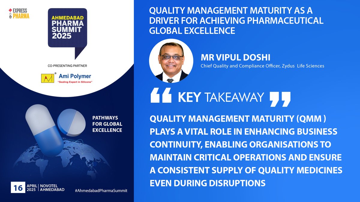 ExpPharma (@exppharma) on Twitter photo Key Takeaway by Mr Vipul Doshi, Chief Quality and Compliance Officer, <a href="/ZydusUniverse/">Zydus Lifesciences Ltd.</a> at the #AhmedabadPharmaSummit 2025, today at #Ahmedabad | Co-Presented by <a href="/amipolymerindia/">Ami Polymer Pvt Ltd</a>
<a href="/Viveka_Roy/">Viveka Roychowdhury</a> <a href="/LNair23/">Lakshmipriya Nair</a> <a href="/Kalsomekals/">Kalyani Sharma</a> <a href="/rbhatkal/">Rajesh Bhatkal</a> <a href="/ashishrampure/">ASHISH RAMPURE</a> Key Takeaway by Mr Vipul Doshi, Chief Quality and Compliance Officer, <a href="/ZydusUniverse/">Zydus Lifesciences Ltd.</a> at the #AhmedabadPharmaSummit 2025, today at #Ahmedabad | Co-Presented by <a href="/amipolymerindia/">Ami Polymer Pvt Ltd</a>
<a href="/Viveka_Roy/">Viveka Roychowdhury</a> <a href="/LNair23/">Lakshmipriya Nair</a> <a href="/Kalsomekals/">Kalyani Sharma</a> <a href="/rbhatkal/">Rajesh Bhatkal</a> <a href="/ashishrampure/">ASHISH RAMPURE</a>