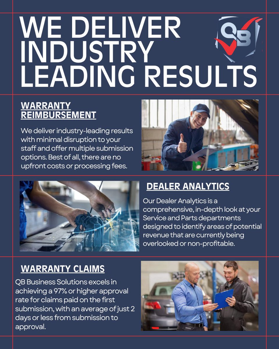 QBBusinessS's tweet image. We help dealers win with our Warranty Reimbursement, Dealer Analytics, and 97% Warranty Claim Approval in just 2 days. Call 1.800.970.4701 or visit qbbusinesssolutions.com. #DealerPerformance #AutoSolutions