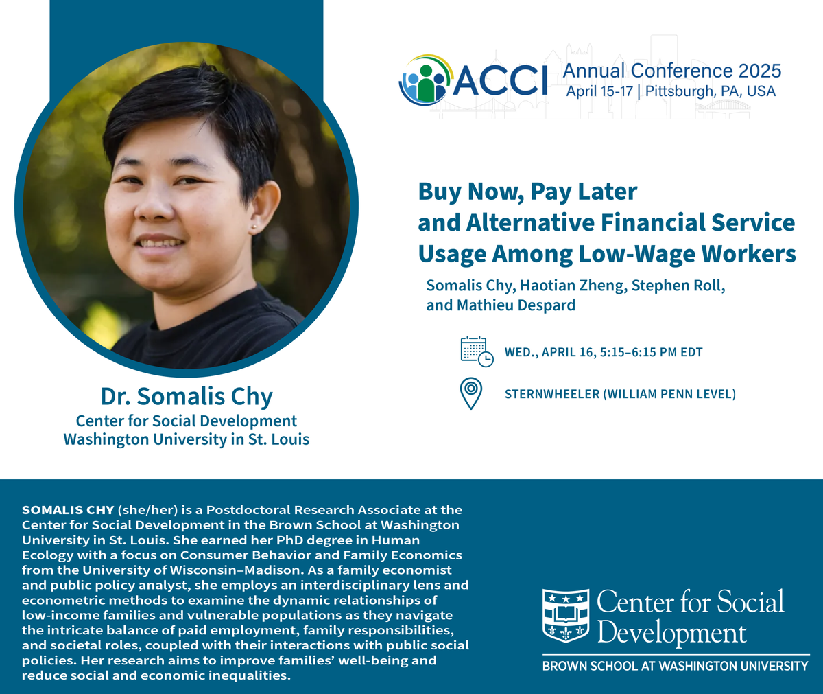 csdwustl's tweet photo. Today at #ACCI2025! CSD’s @SomalisChy presents new findings on buy-now-pay-later & alternative-financial service use among low-wage workers.
➡️5:15-6:15 (EDT)
➡️Sternwheeler (William Penn Level)
More: https://t.co/7ocXU8YWYY
#ACCIConsumer #FinancialCapability @ACCI_ORG https://t.co/zhDu1Td9gb