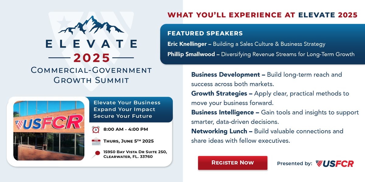 Smart growth takes more than ambition. It takes strategy.
Elevate 2025 is a one-day summit for businesses ready to grow in federal and commercial markets.
Join us June 5 in Clearwater.
🎟️ bit.ly/Elevate-2025

#Elevate2025 #GovBiz #SmallBusinessGrowth