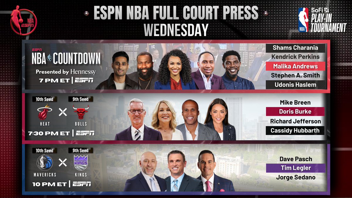 ESPN PR (@espnpr) on Twitter photo Wednesday, <a href="/ESPNNBA/">NBA on ESPN</a> tips off its coverage of the '25 NBA #SoFiPlayIn Tournament
π 7p ET | NBA Countdown
π 7:30p ET | <a href="/MiamiHEAT/">Miami HEAT</a> vs <a href="/chicagobulls/">Chicago Bulls</a>
π 10p ET | <a href="/dallasmavs/">Dallas Mavericks</a> vs <a href="/SacramentoKings/">Sacramento Kings</a> Wednesday, <a href="/ESPNNBA/">NBA on ESPN</a> tips off its coverage of the '25 NBA #SoFiPlayIn Tournament
π 7p ET | NBA Countdown
π 7:30p ET | <a href="/MiamiHEAT/">Miami HEAT</a> vs <a href="/chicagobulls/">Chicago Bulls</a>
π 10p ET | <a href="/dallasmavs/">Dallas Mavericks</a> vs <a href="/SacramentoKings/">Sacramento Kings</a>