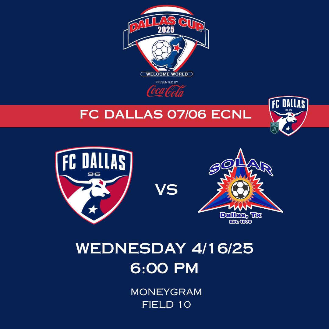 FCDallas07gECNL's tweet photo. Game 3 @dallascup  we are back at it this evening‼️ #DTID 
@FCDGirlsECNL |@FCDallasYouth 

📍 MoneyGram | Field 10
⏰ 6pm
🆚 Solar Black RL-NTX https://t.co/bwQdbNaKUl