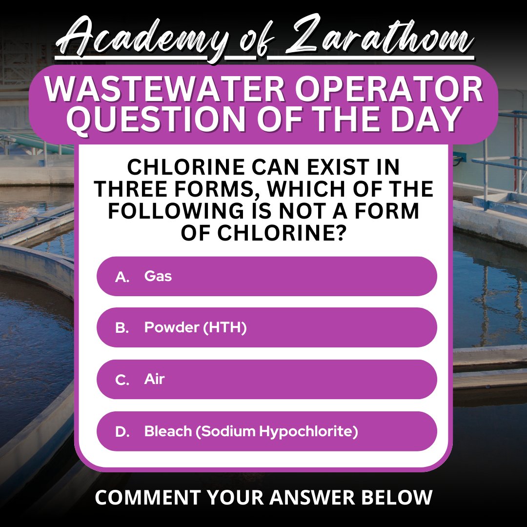 Zarathom_Online's tweet image. Wastewater Operator Question of the Day at l8r.it/gLjo 

#WastewaterTraining #WaterIndustry #OperatorCertification #EarnContactHours #WaterProfessionals #WastewaterOperators #AffordableLearning #AcademyOfZarathom #OnlineTraining #UtilityWorkers #Zarathom