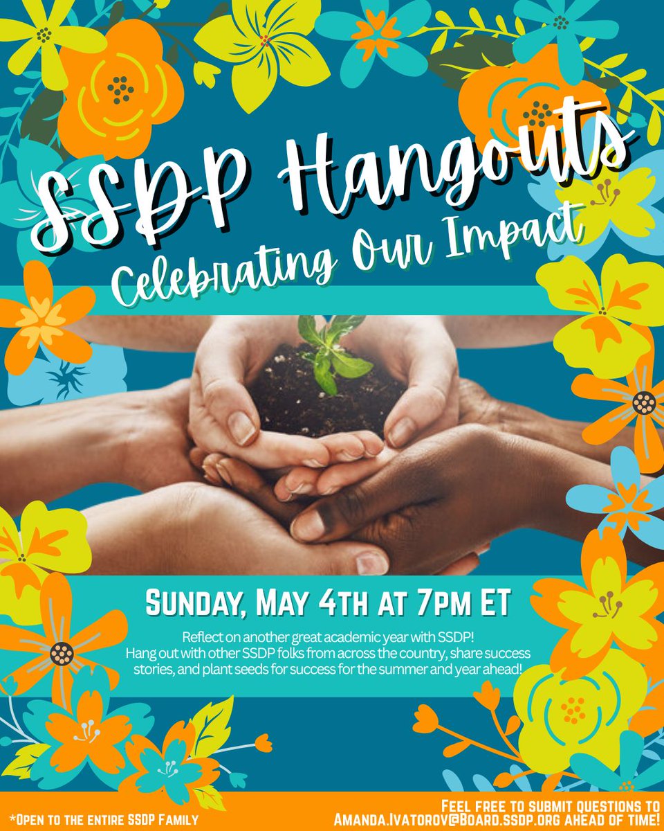 ssdpofficial's tweet image. Join us for our next #SSDP Hangout on SUNDAY, MAY 4th at 7:00 pm ET. Hang out with other SSDP folks from across the country, share success stories, and plant seeds for success for the summer and year ahead. For more info: buff.ly/ua0IPib