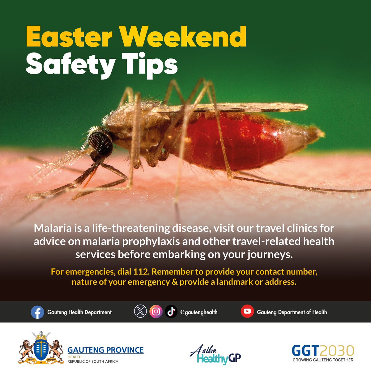 The Easter long weekend is upon us and as many people will be travelling out of Gauteng, it’s important that those who will be travelling to Malaria endemic regions get Chemoprophylaxis before they travel. #AsibeHealthyGP #Easter2025