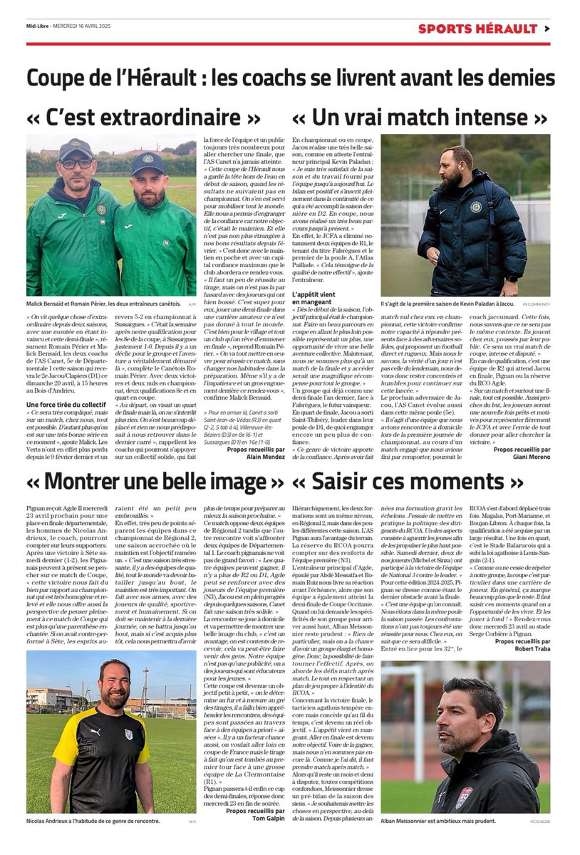 𝓒𝓸𝓾𝓹𝓮 𝓭𝓮 𝓵’𝓗𝓮𝓻𝓪𝓾𝓵𝓽 🏆

Et une page spéciale dédiée aux entraîneurs qui se livrent avant de jouer les demi-finales de la Coupe de l’Hérault

Merci à nos correspondants pour leurs contributions !