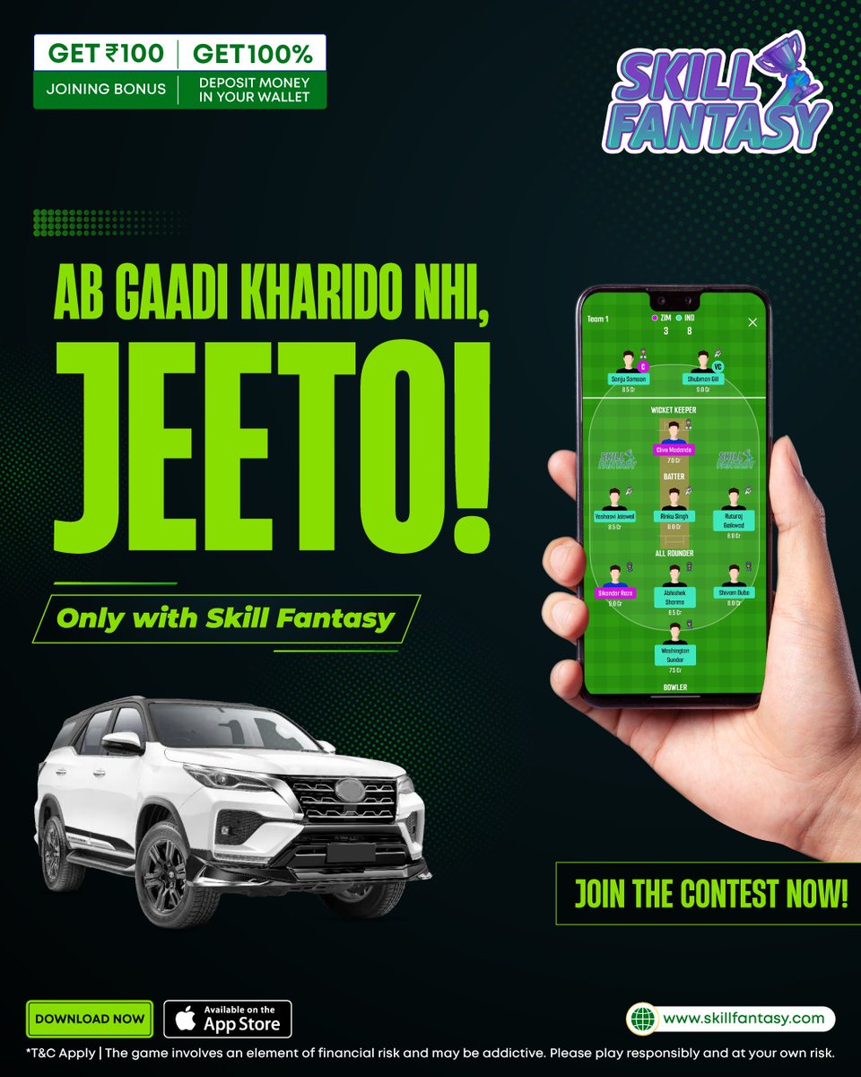 skillfantasyind's tweet image. You’ve seen others win—now it’s your turn. At Skill Fantasy, your game can win you more than just bragging rights… even your dream car.

Download Now: web.skillfantasy.com/download

#SkillFantasy #FantasyCricket #IPL #IPL2025 #FantasySports #Cricket #Cricketmatch #India