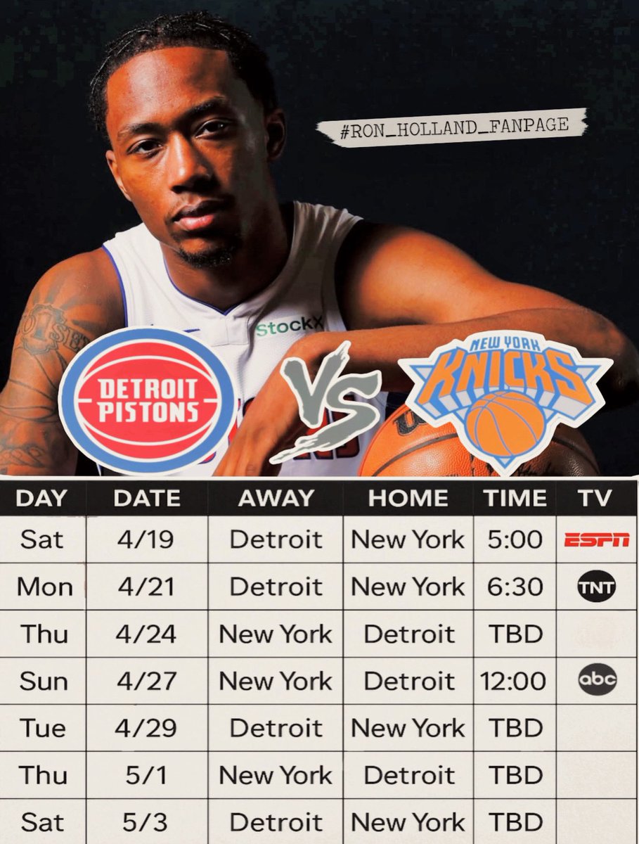 The playoffs are here! 
Detroit Pistons vs. New York Knicks — Round 1 starts this Saturday at 5PM CDT on ESPN!

Ron Holland II is ready for his first playoff run. Let’s turn up the energy, Pistons fans!
#PistonsPlayoffs #RonHollandII #DetroitVsEverybody #NBAPlayoffs