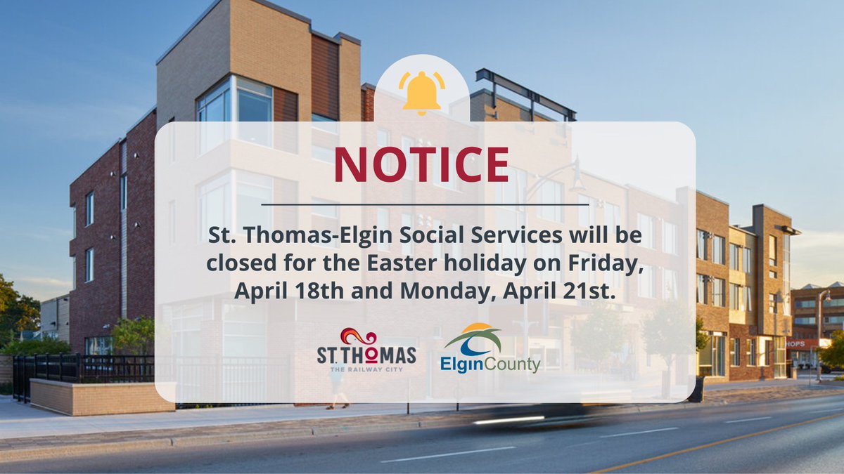 StThomasSocial1's tweet photo. 🔔 Holiday Closure Notice

Please be advised that the St. Thomas-Elgin Social Services office will be closed for the Easter holiday on Friday, April 18th, and Monday, April 21st.

Regular hours will resume on Tuesday, April 22nd at 8:30am. https://t.co/hkPKD51AFX
