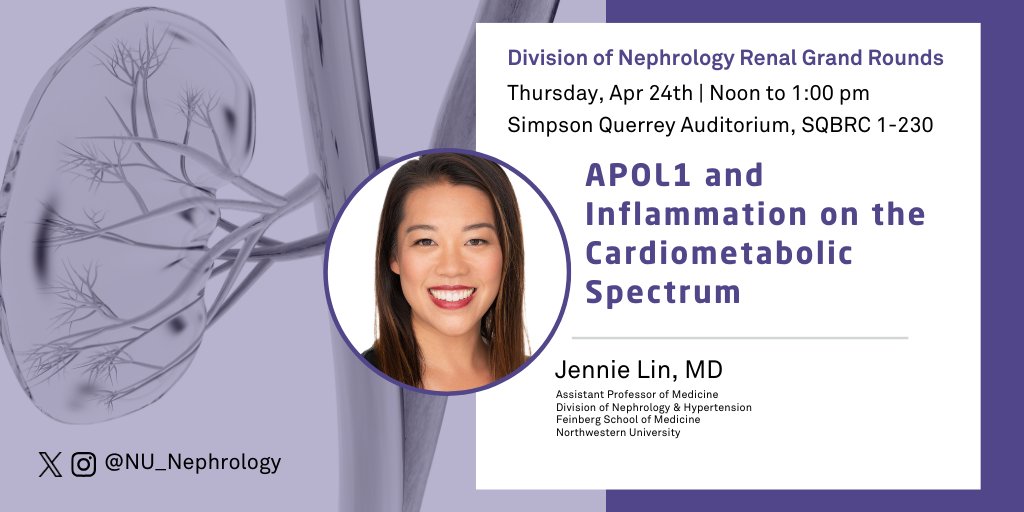NU_Nephrology's tweet image. Please join us this Thursday as we host our own Jennie Lin for Renal Grand Rounds!  
📅Date: April 24th  
⏰Time: 12:00-1:00pm  
📍Location: Simpson Querrey Auditorium

Webinar: northwestern.zoom.us/j/97882927740?…