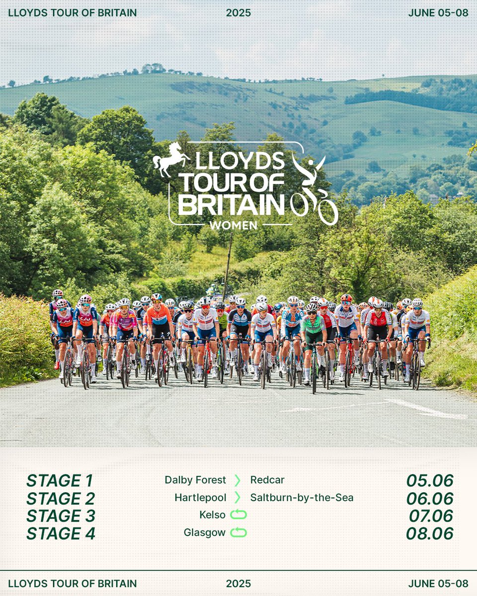 Here we go! We're excited to announce the start and finish locations of all four stages of the 2025 <a href="/LloydsBank/">Lloyds</a> Tour of Britain Women 🚴‍♀️🇬🇧

#ToBW