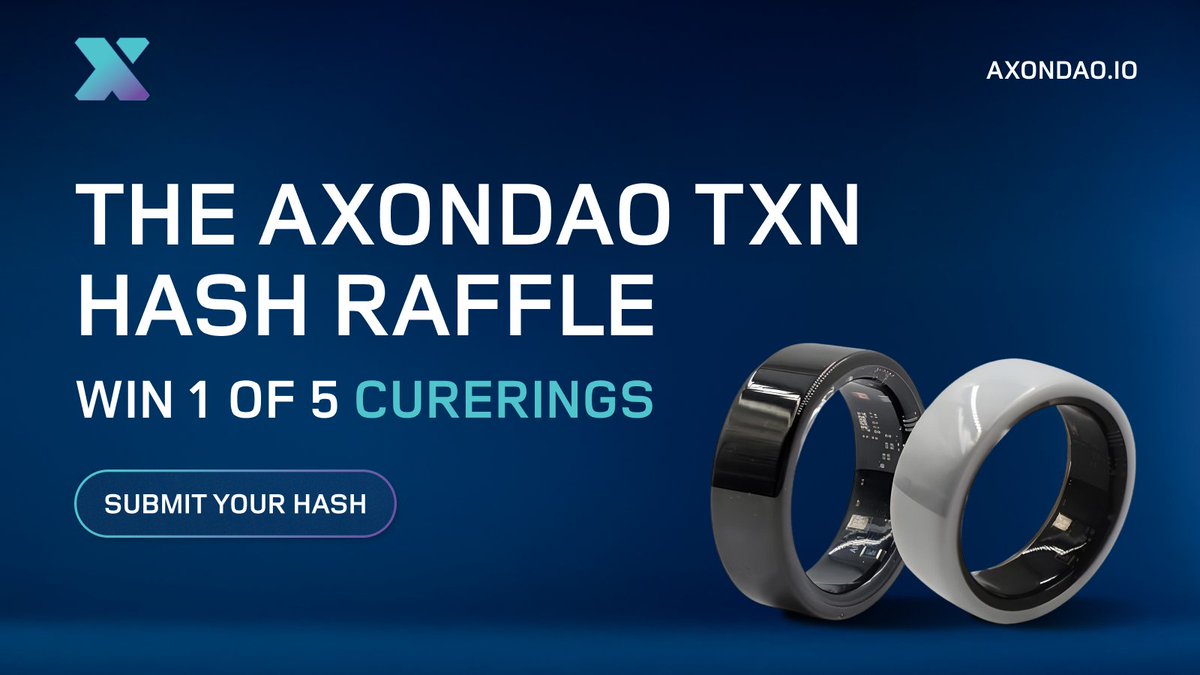 AxonDAO's tweet image. Take part in the AxonDAO CureRING TXN Hash Competition and stand a chance to win 1 of 5 CureRINGs — shipped directly to your door.

Be among the first in the world to receive this blockchain-powered health wearable. 

Here’s how it works 👇