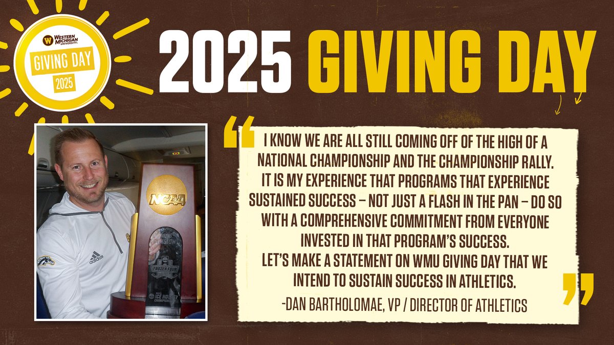 Western Michigan Broncos 🐎 (@wmubroncos) on Twitter photo "Let's make a statement on #WMUGivingDay that we intend to sustain success in Athletics!" - <a href="/danbart3/">Dan Bartholomae</a> 🏆
𝙈𝘼𝙆𝙀 𝘼 𝙂𝙄𝙁𝙏 ➡️ secure.wmualumni.org/athletics/s/ba… "Let's make a statement on #WMUGivingDay that we intend to sustain success in Athletics!" - <a href="/danbart3/">Dan Bartholomae</a> 🏆
𝙈𝘼𝙆𝙀 𝘼 𝙂𝙄𝙁𝙏 ➡️ secure.wmualumni.org/athletics/s/ba…