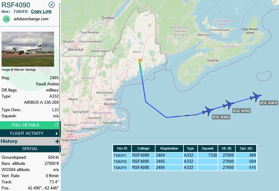 SirListenalot's tweet photo. 1155z Saudi #A332's #RSF4089, #RSF4090 & #RSF4088 out of Bangor with (six) #Typhoon's #SWORD01 on their way to Morón, Spain https://t.co/0Setei6Sci