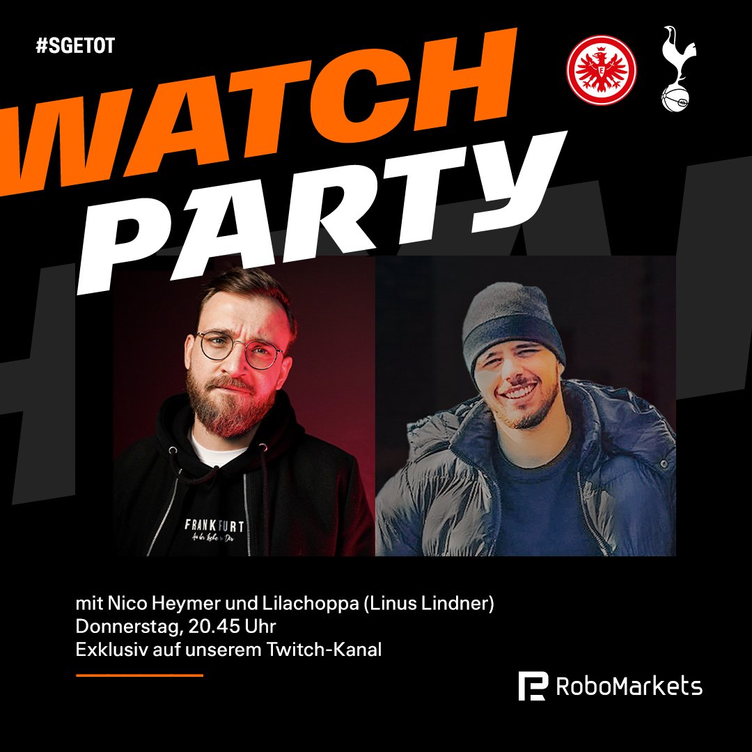Twitch Watchparty 2.0! 🤩🍿

Wie schon im Hinspiel, könnt ihr das morgige <a href="/EuropaLeague/">UEFA Europa League</a>-Rückspiel gegen die <a href="/SpursOfficial/">Tottenham Hotspur</a> gemeinsam mit <a href="/BrudiVoeller/">NicoHeymer</a>  und Lilachoppa live auf unserem Twitchkanal verfolgen!

👉 twitch.tv/eintracht_offi…

#SGE | #SGETOT