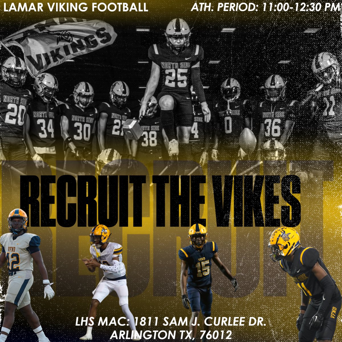 ‼️ College Coaches ‼️

Lamar High School has everything you need 🏈🔥

📍1400 W Lamar Blvd, Arlington, TX
🕒 Athletic Periods: M–F | 11AM–12:30PM
🏈 Spring Practice: M,T,Th | 3:15PM–5:30PM

All levels welcome! 

Pull up and #RecruitTheVikes