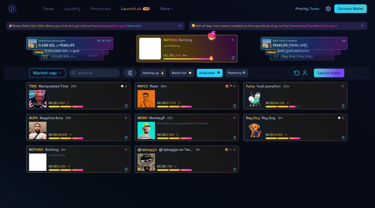 刚刚 @RaydiumProtocol 宣布搞了自己的发射平台，以对抗之前 @pumpdotfun 自己搞 Swap，Solana 上的两大阵营正式开战了😂

建议多多关注，这里面应该会有一些金狗跑出来。