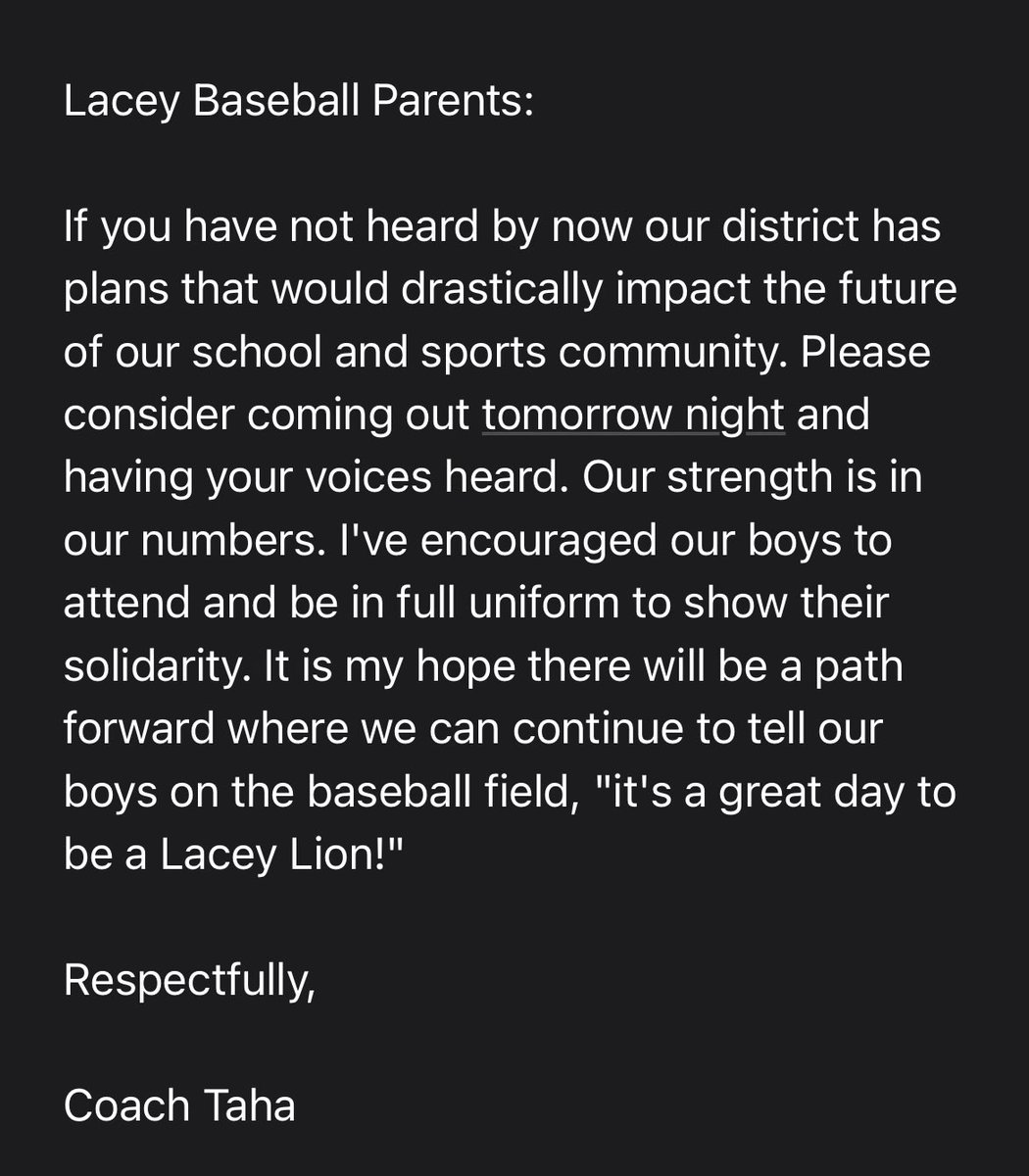 Our call to action as a united baseball program! We need you Lacey, come out and support the LaceyBoys TONIGHT! #lionspride 🦁⚾️👊🏽