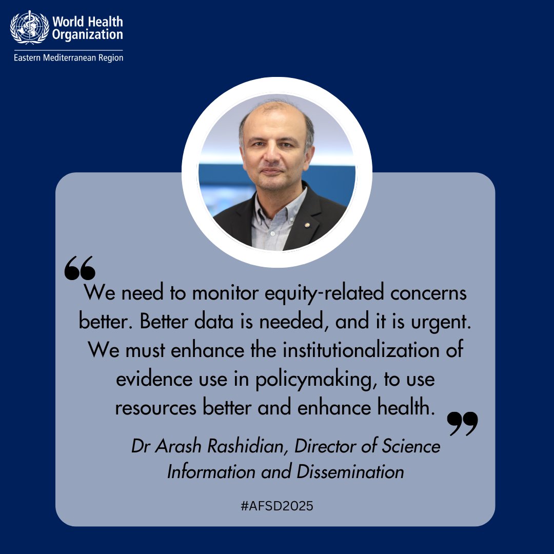 WHO Regional Office for the Eastern Mediterranean (@whoemro) on Twitter photo "We need to monitor equity-related concerns better. Better data is needed, and it is urgent. We must enhance the institutionalization of evidence use in policymaking, to use resources better and enhance health."
- Dr <a href="/ArashRashidian/">Arash Rashidian</a>, Director of Science Information and "We need to monitor equity-related concerns better. Better data is needed, and it is urgent. We must enhance the institutionalization of evidence use in policymaking, to use resources better and enhance health."
- Dr <a href="/ArashRashidian/">Arash Rashidian</a>, Director of Science Information and